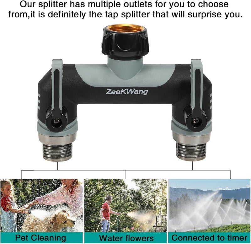ZaakWang Full Flow Heavy Duty Two - Way Hose Splitter, Rugged Garden Faucet Adapter, Spout Diverter T - Way Adapter with Extended Handle, 3/4” GHT Thread, Grey - Image 5